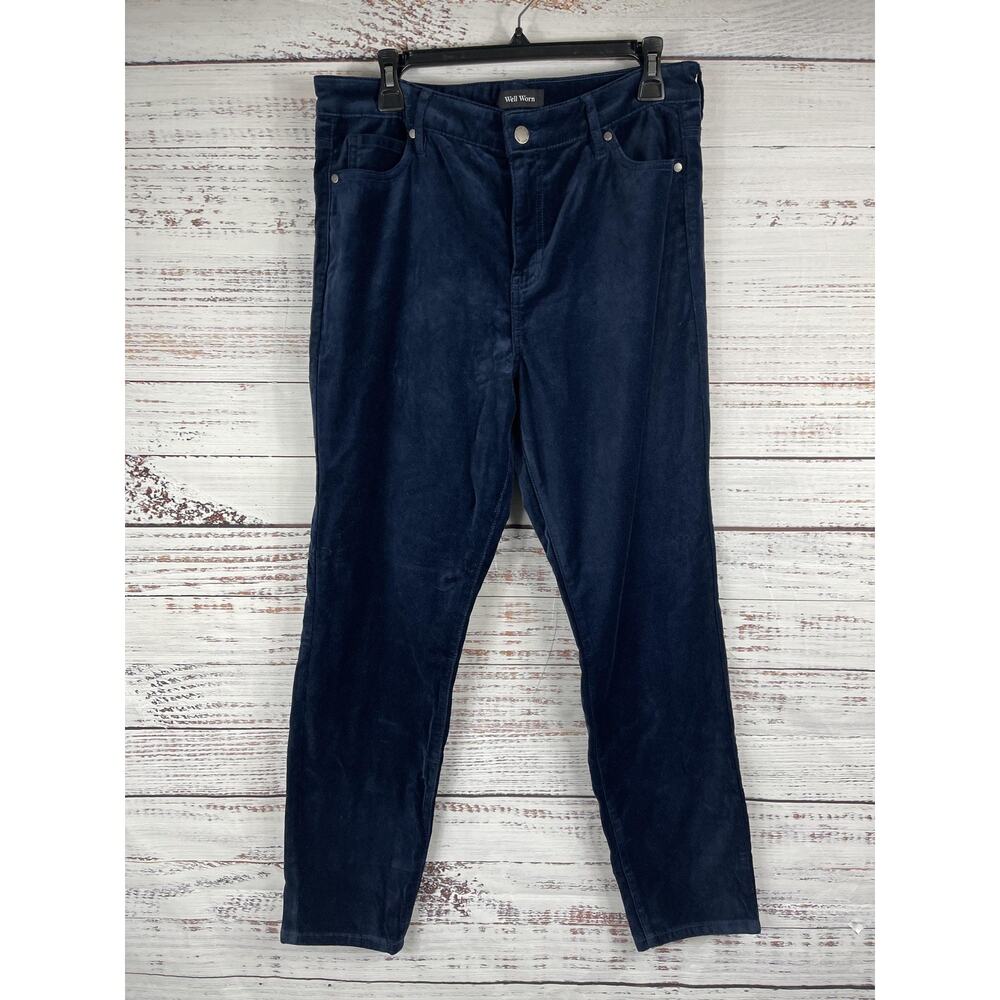 Well Worn Velvet Pants Women's 12 Blue High Rise Luxe Tapered Stretch Corduroy